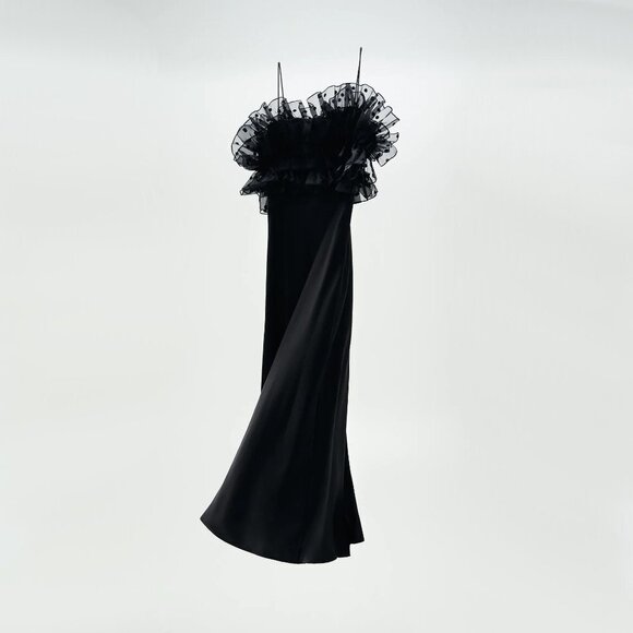 NWT Zara black satin-like maxi slip-like long dress w/ sheer ruffled accents, M - Picture 2 of 10
